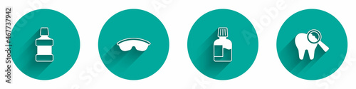 Set Mouthwash, Safety goggle glasses, and Broken tooth icon with long shadow. Vector