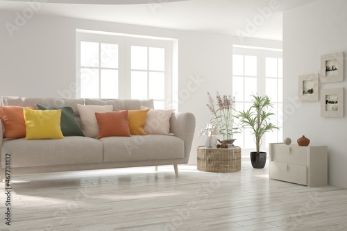 White living room with sofa. Scandinavian interior design. 3D illustration