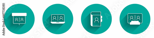 Set Video chat conference, Phone book and icon with long shadow. Vector
