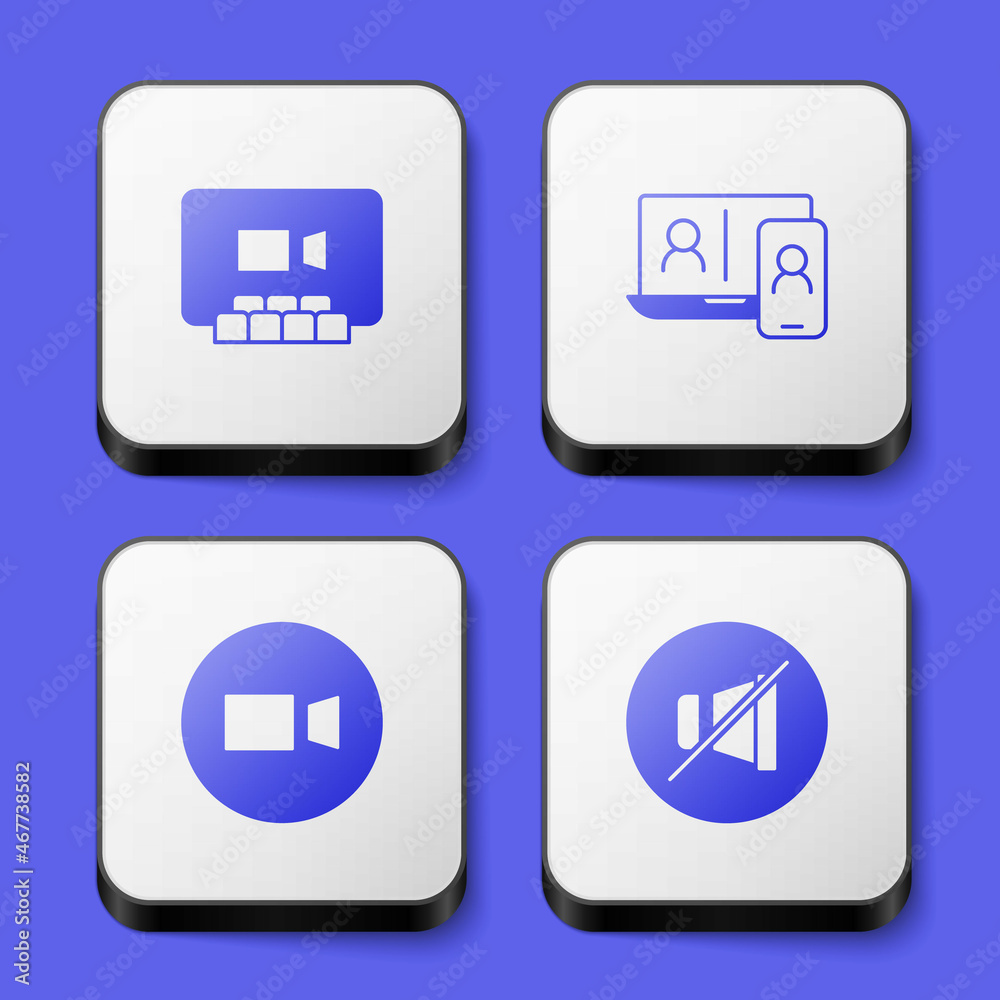 Set Video chat conference, and Mute microphone icon. White square button. Vector Set Video chat conference, and Mute microphone icon. White square button. Vector
