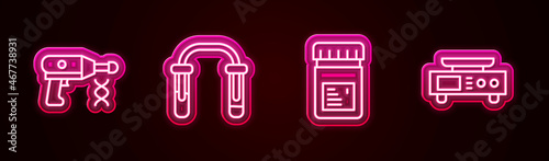 Set line Transfer liquid gun, Test tube and flask, Jar with additives and Electronic scales. Glowing neon icon. Vector