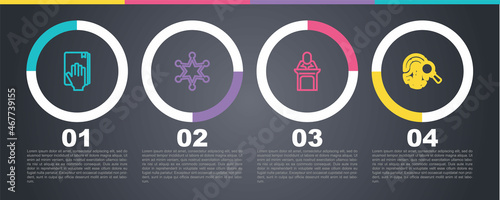 Set line Oath on the Holy Bible, Hexagram sheriff, Judge and Fingerprint. Business infographic template. Vector