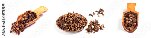 Set of spice clove (Syzygium aromaticum) in scoop, clay plate, bunch on white background isolated. Close up