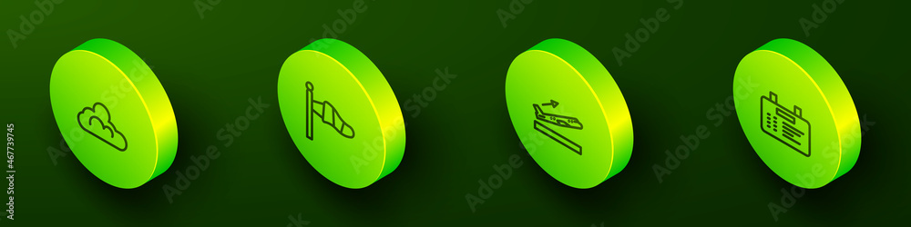 Set Isometric line Cloud weather, Cone meteorology windsock, Plane takeoff and Airport board icon. Vector Set Isometric line Cloud weather, Cone meteorology windsock, Plane takeoff and Airport board icon. Vector