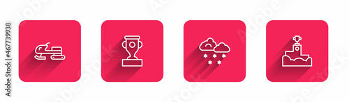 Set line Snowmobile, Award cup, Cloud with snow and winner podium with long shadow. Red square button. Vector