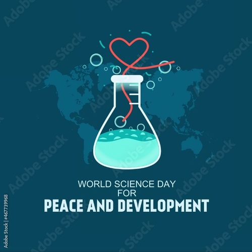 Vector illustration. A laboratory flask containing various chemical mixtures reacts to form a love, a symbol of peace. World Science Day for Peace and Development.