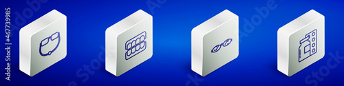 Set Isometric line Eyeglasses, False jaw, and Pills in blister pack icon. Vector