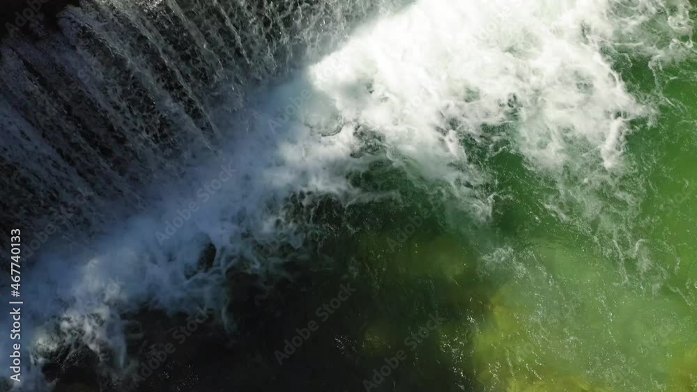 Aerial: Lockdown Shot Of Water Falling From Retaining Wall, Drone Flying Over River - Apennine Mountains, Italy Aerial: Lockdown Shot Of Water Falling From Retaining Wall, Drone Flying Over River - Apennine Mountains, Italy