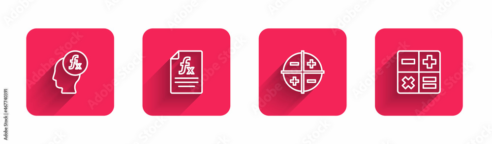 Obraz premium Set line Function mathematical symbol, , XYZ Coordinate system and Calculator with long shadow. Red square button. Vector
