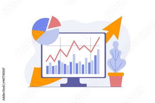 Computer monitor with charts return on investment, of growth and fall of stocks. Successful investment strategy, business concept. Pie chart, Capital increase, Revenue growth. Vector illustration