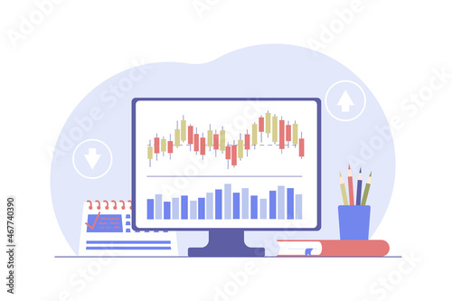 Desktop of investor, trader. Monitor with charts of growth and fall of stocks. Successful investment strategy concept. Stock exchange glass, goal achievement, planning. Vector illustration
