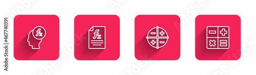 Set line Function mathematical symbol, , XYZ Coordinate system and Calculator with long shadow. Red square button. Vector