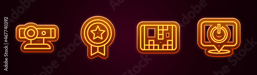 Set line Web camera, Game rating with medal, Portable video game console and Power button. Glowing neon icon. Vector