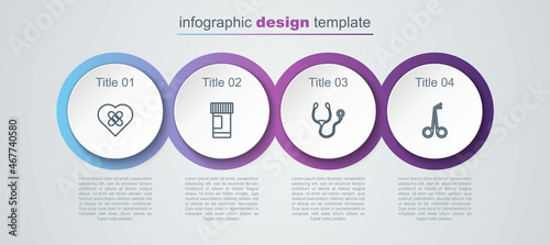 Set line Healed broken heart, Medicine bottle and pills, Stethoscope and Medical scissors. Business infographic template. Vector
