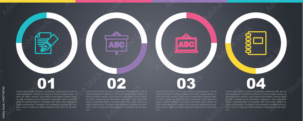 Set line Exam sheet and pencil, Chalkboard, and Spiral notebook. Business infographic template. Vector Set line Exam sheet and pencil, Chalkboard, and Spiral notebook. Business infographic template. Vector