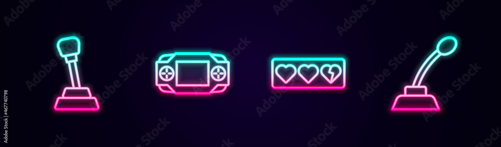 Set line Gear shifter, Portable video game console, Game life bar and Microphone. Glowing neon icon. Vector Set line Gear shifter, Portable video game console, Game life bar and Microphone. Glowing neon icon. Vector