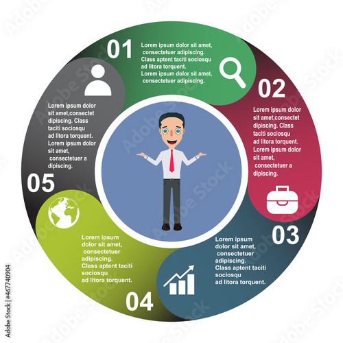 5 steps vector element in five colors with labels, infographic diagram. Business concept of 5 steps or options with businessman