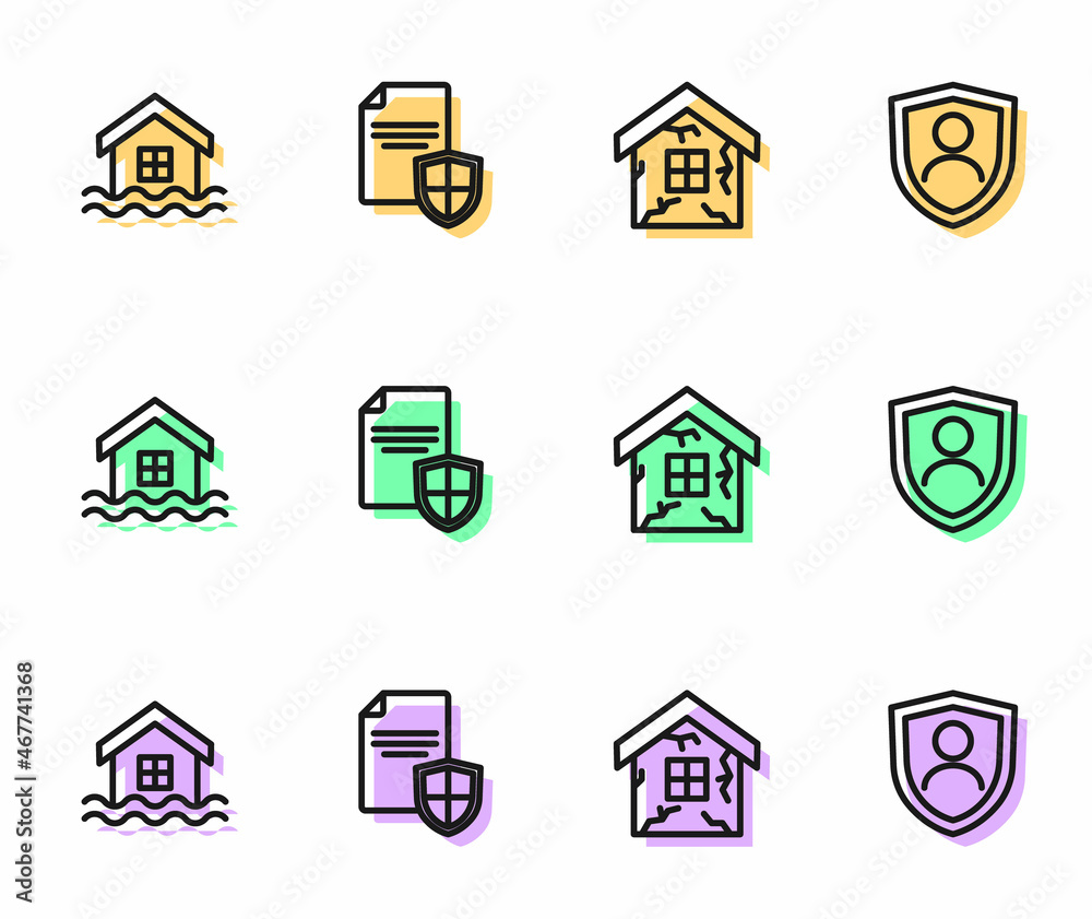 Set line House, flood, Contract with shield and Life insurance icon. Vector