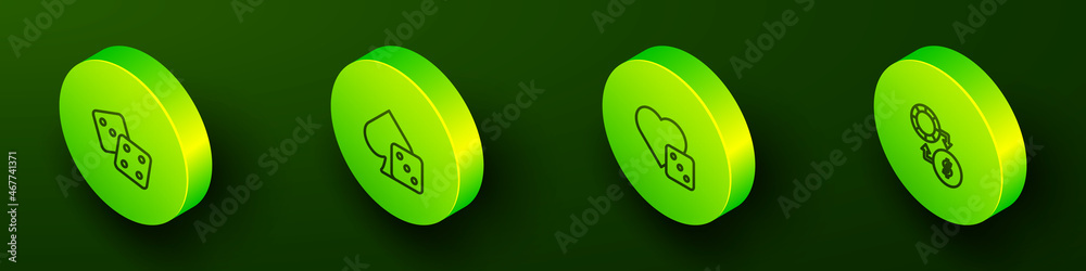Set Isometric line Game dice, , and Casino chips exchange on money icon. Vector Set Isometric line Game dice, , and Casino chips exchange on money icon. Vector