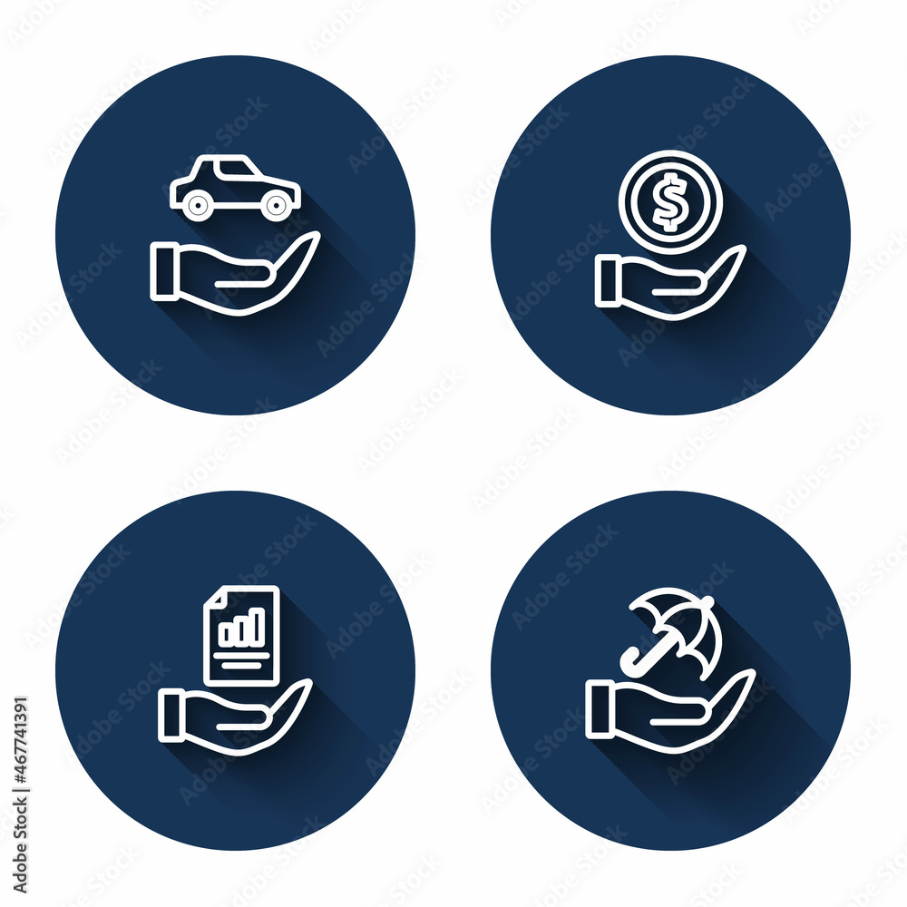 Set line Car insurance, Money with shield, Contract hand and Umbrella with long shadow. Blue circle button. Vector Set line Car insurance, Money with shield, Contract hand and Umbrella with long shadow. Blue circle button. Vector