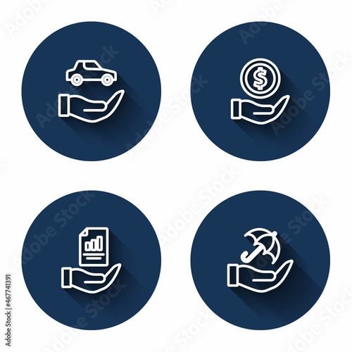 Set line Car insurance, Money with shield, Contract hand and Umbrella with long shadow. Blue circle button. Vector