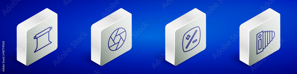 Set Isometric line Empty photo studio, Camera shutter, Exposure compensation and Photo camera icon. Vector