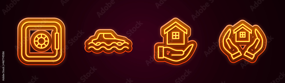 Set line Safe, Flood car, House in hand and . Glowing neon icon. Vector Set line Safe, Flood car, House in hand and . Glowing neon icon. Vector