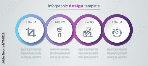 Set line Picture crop photo, Action camera, Photo with flash and Camera timer. Business infographic template. Vector