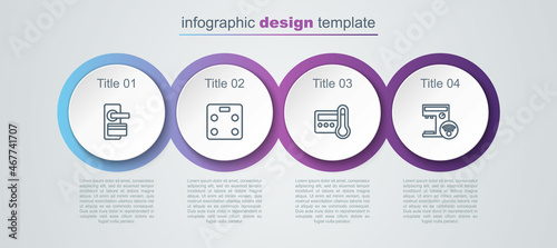 Set line Digital door lock, Smart bathroom scales, Thermostat and coffee machine. Business infographic template. Vector