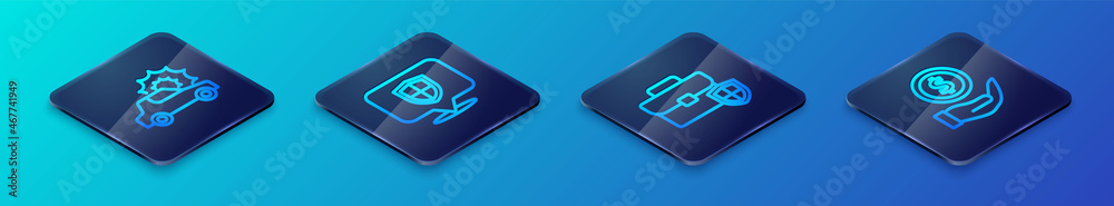 Set Isometric line Briefcase with shield, Car insurance, Money and Location icon. Vector Set Isometric line Briefcase with shield, Car insurance, Money and Location icon. Vector