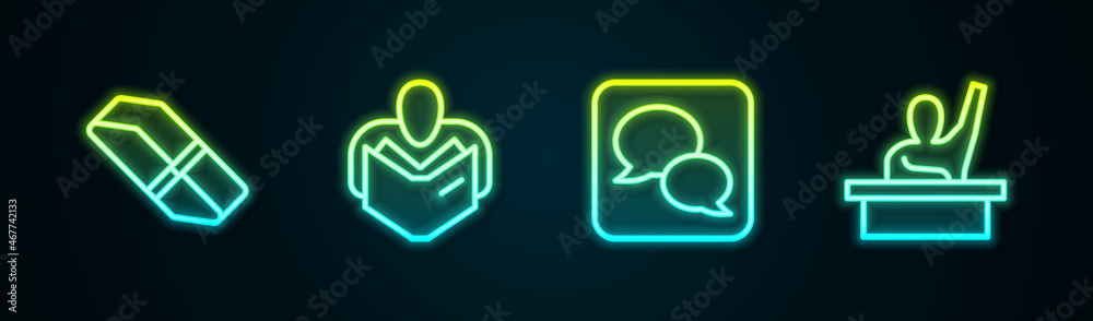 Set line Eraser or rubber, Man reading book, Speech bubble chat and Male kid raising hand. Glowing neon icon. Vector Set line Eraser or rubber, Man reading book, Speech bubble chat and Male kid raising hand. Glowing neon icon. Vector