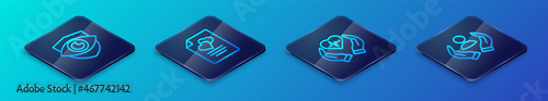 Set Isometric line Life insurance, Shield and eye, and Marriage contract icon. Vector