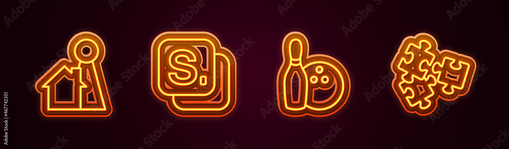 Set line Chip for board game, Bingo, Bowling pin and ball and Puzzle pieces toy. Glowing neon icon. Vector Set line Chip for board game, Bingo, Bowling pin and ball and Puzzle pieces toy. Glowing neon icon. Vector