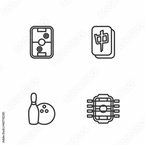 Set line Table football, Bowling pin and, Air hockey table and Mahjong pieces icon. Vector