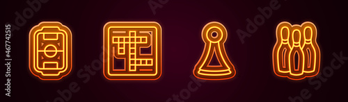 Set line Table football, Crossword, Chip for board game and Bowling pin. Glowing neon icon. Vector