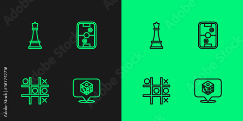 Set line Game dice, Tic tac toe game, Chess and Air hockey table icon. Vector