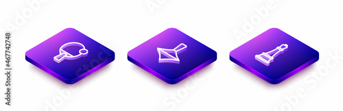 Set Isometric line Racket, Whirligig toy and Chess icon. Vector