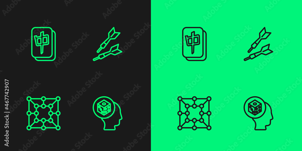 Set line Game dice, Board game, Mahjong pieces and Dart arrow icon. Vector