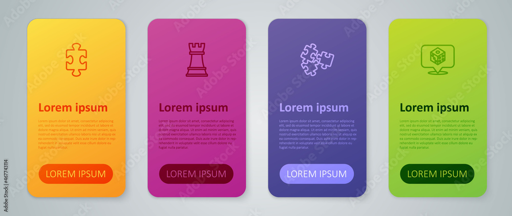 Set line Puzzle pieces toy, Game dice, and Chess. Business infographic template. Vector Set line Puzzle pieces toy, Game dice, and Chess. Business infographic template. Vector
