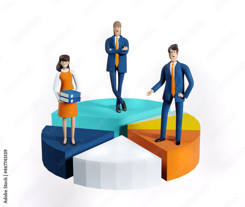 Business people stands at diagram, chart pie. Economy, finance, growth, data analysing concept 3D rendering illustration Business people stands at diagram, chart pie. Economy, finance, growth, data analysing concept 3D rendering illustration