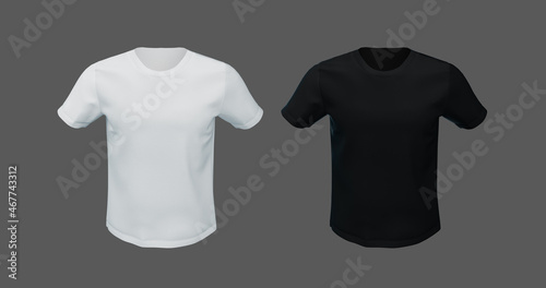 3d render illustration of a white and black t-shirt layout. Sportswear template, casual empty shirt front view, realistic clothing, textiles for advertising template contrasting background