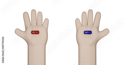 3d render illustration of a red and blue tablet offer. Two stylized hands show pills, capsules