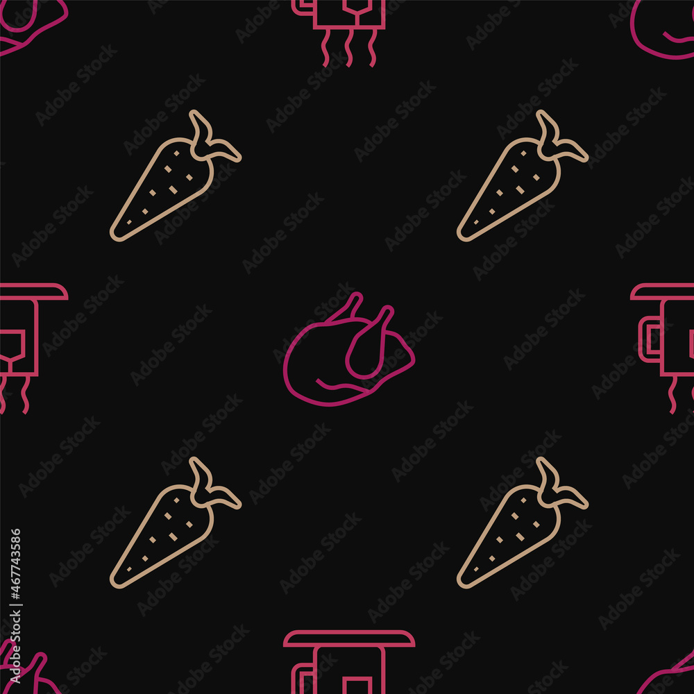 Set line Cup of tea with tea bag, Carrot and Roasted turkey or chicken on seamless pattern. Vector Set line Cup of tea with tea bag, Carrot and Roasted turkey or chicken on seamless pattern. Vector