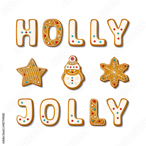 Gingerbread cookie letters with christmas phrase holly jolly in cartoon style. Sweet biscuits in shape of snowman and snowflake isolated on white background. Vector illustration