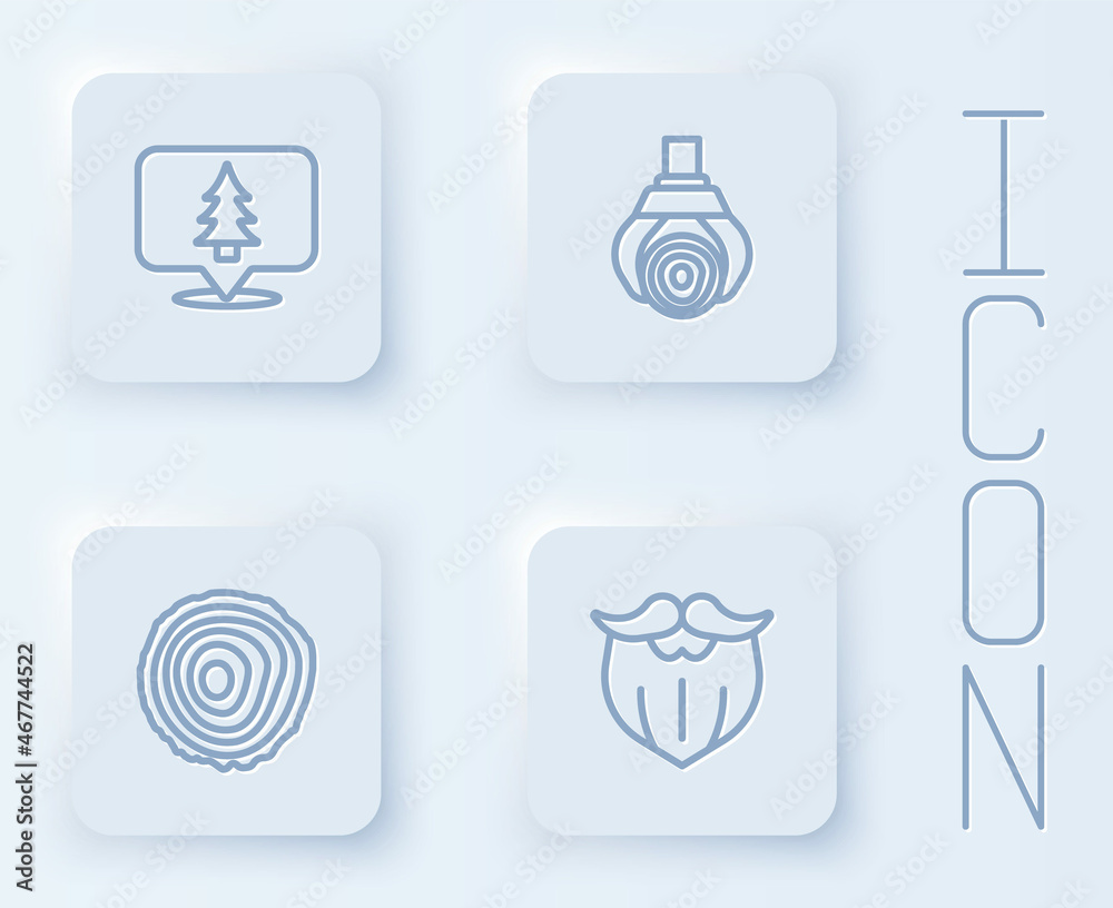 Set line Location of the forest, Grapple crane grabbed log, Tree rings and Mustache and beard. White square button. Vector Set line Location of the forest, Grapple crane grabbed log, Tree rings and Mustache and beard. White square button. Vector