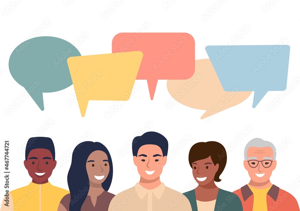 People avatars with speech bubbles. Men and woman communication, talking llustration. Coworkers, team, thinking, question, idea, brainstorm concept. - obrazy, fototapety, plakaty 