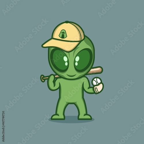 cute cartoon alien being a baseball player. vector illustration for mascot logo or sticker