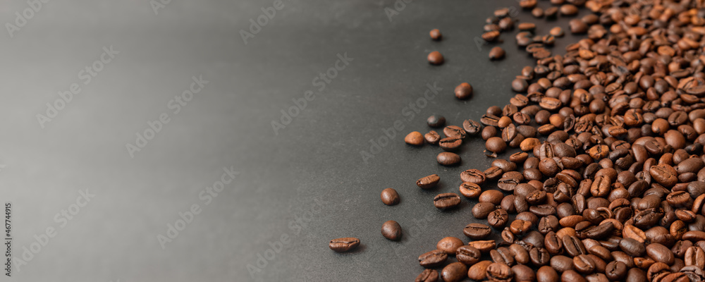 Fresh roasted coffee beans background. Horizontal banner