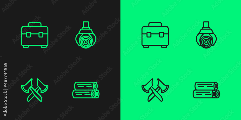 Set line Wooden log, axe, Toolbox and Grapple crane grabbed icon. Vector Set line Wooden log, axe, Toolbox and Grapple crane grabbed icon. Vector