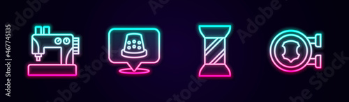 Set line Sewing machine, Thimble for sewing, thread on spool and Leather. Glowing neon icon. Vector